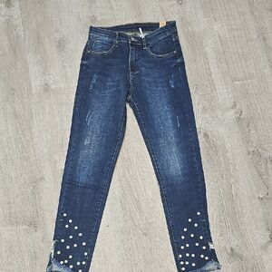 Dark Blue Women's Skinny Jeans with Stud Detail